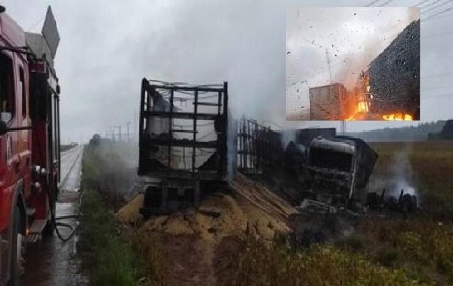 Motorista morre carbonizado em acidente evolvendo carretas na rodovia de MT