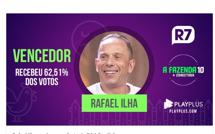 Rafael Ilha é o grande vencedor de A Fazenda com 62,51% dos votos