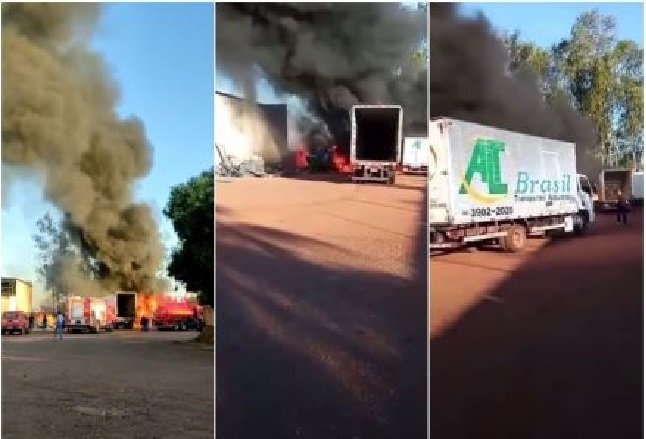 Incêndio atinge frota em MT e sete caminhões ficam danificados