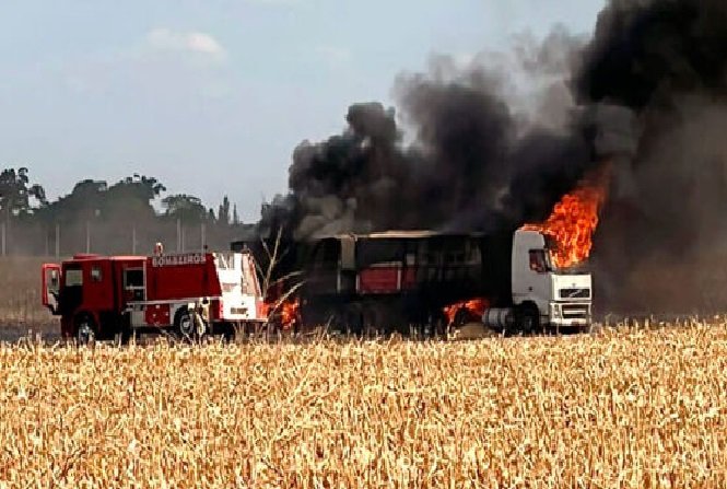 Fogo em lavoura afeta e destrói carreta carregada de milho