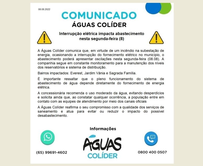 Incêndio na subestação da ENERGISA em Colíder afeta abastecimento de água em alguns bairros.