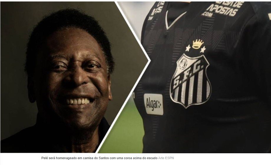 Santos vai homenagear Pelé com coroa acima do escudo da camisa de 2023