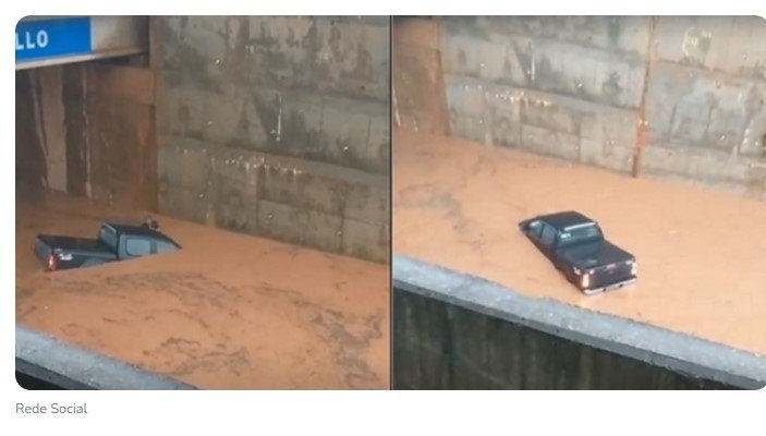 Hilux é arrastada em viaduto após forte chuva na capital Matogrossense.