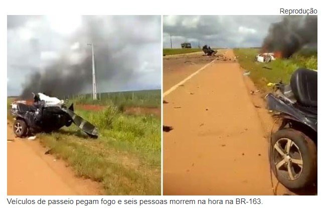 Veículos de passeio pegam fogo e seis pessoas morrem na BR-163