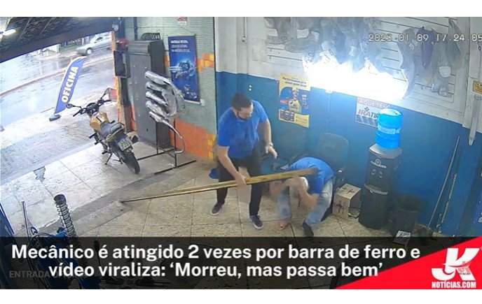 Mecânico é atingido 2 vezes por barra de ferro e vídeo viraliza: ‘Morreu, mas passa bem’