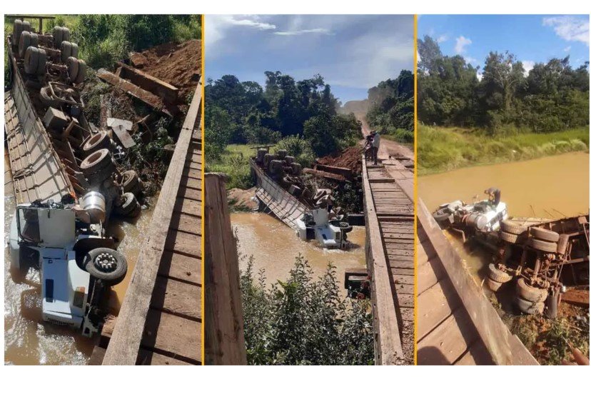 EM MT: Carreta carregada com 40 mil quilos de soja cai em rio na MT-325