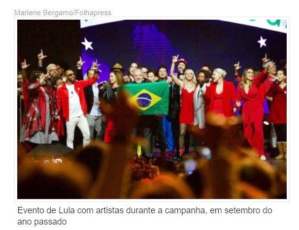 Relatório do TSE aponta falta de registro de doações de artistas para Lula