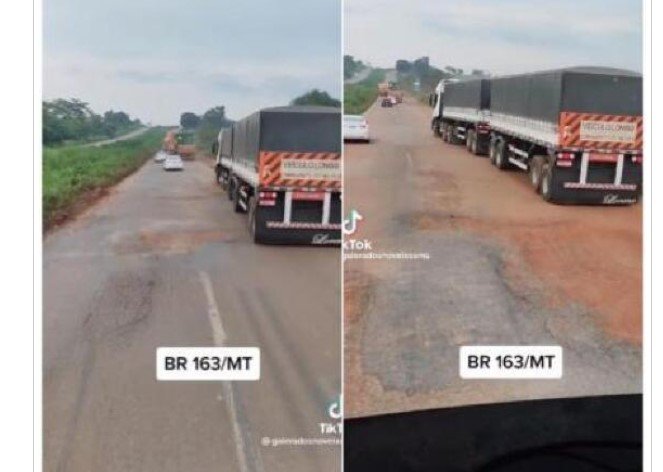 Vídeo mostra diversos buracos na pista em trecho da BR-163