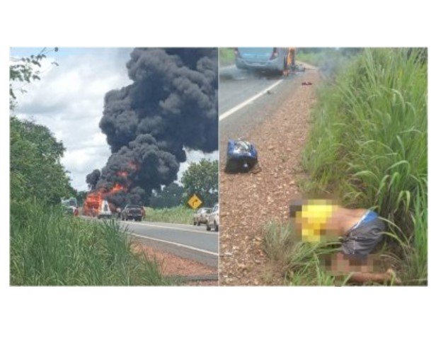 Colisão entre ônibus e motocicleta mata piloto e veículos pegam fogo na rodovia MT-010; (Vídeo)