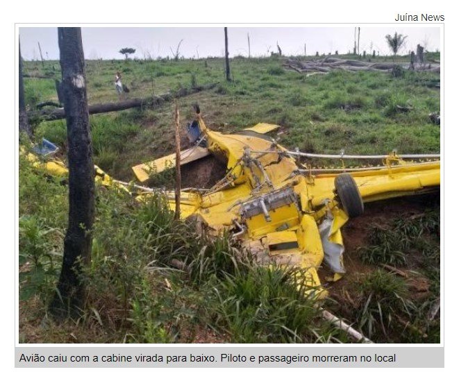 Além de piloto, passageiro também morreu em queda de avião agrícola em MT