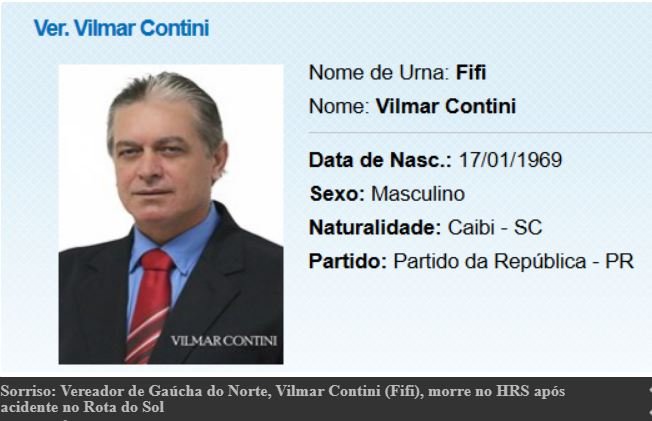 Vereador de Gaúcha do Norte, Vilmar Contini (Fifi), morre no HRS após acidente no Rota do Sol