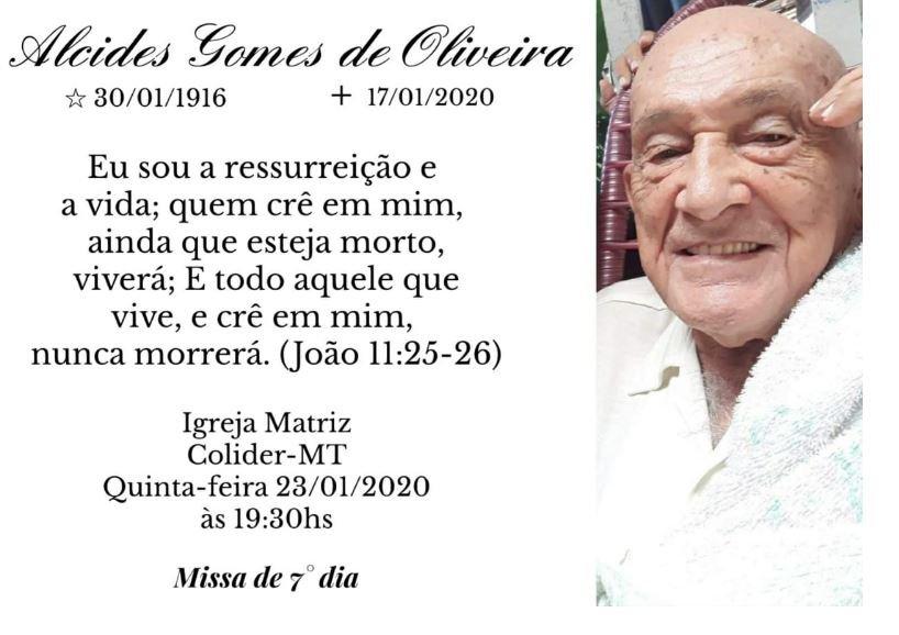 Familiares do Srº Alcides do Hotel em Colíder convidam amigos para a missa de 7º dia.