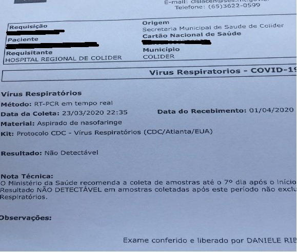Tivemos acesso com EXCLUSIVIDADE ao resultado do 1º caso descartado de Coronavírus em Colíder.