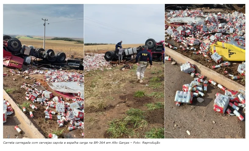 Carreta carregada com fardos de cerveja capota e espalha carga na BR-364 em Alto Garças