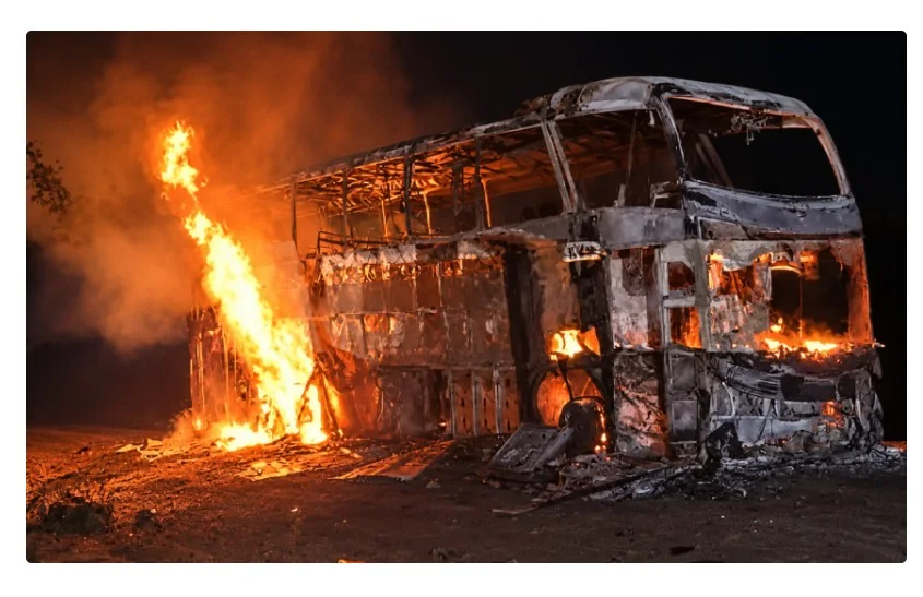 Ônibus com 22 passageiros pega fogo na BR-163 e fica destruído em MT