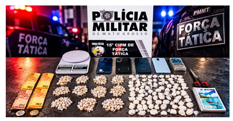 Força Tática prende dupla e apreende 298 porções de drogas em cidade de MT.