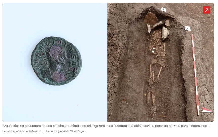 Arqueológos encontram moeda em cima de túmulo de criança romana e sugerem que objeto seria a porta de entrada para o submundo