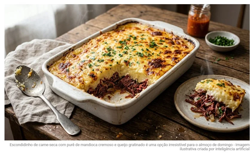 Cozinheiros concordam: para o escondidinho de carne-seca ficar cremoso e irresistível, não adicione leite em excesso, mas 2 colheres de requeijão ao purê de mandioca