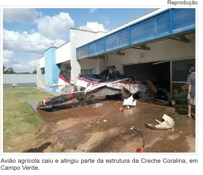 Avião cai e atinge prédio de creche em Campo Verde