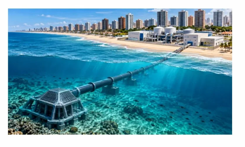 Obra de R$ 3 bilhões transforma água do oceano em potável e terá estrutura a mais de 1 km da costa brasileira para atender 720 mil pessoas