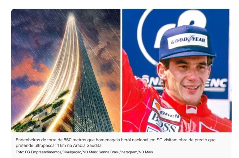 Engenheiros de torre de 550 metros que homenageia herói nacional em SC visitam obra de prédio que pretende ultrapassar 1 km na Arábia Saudita