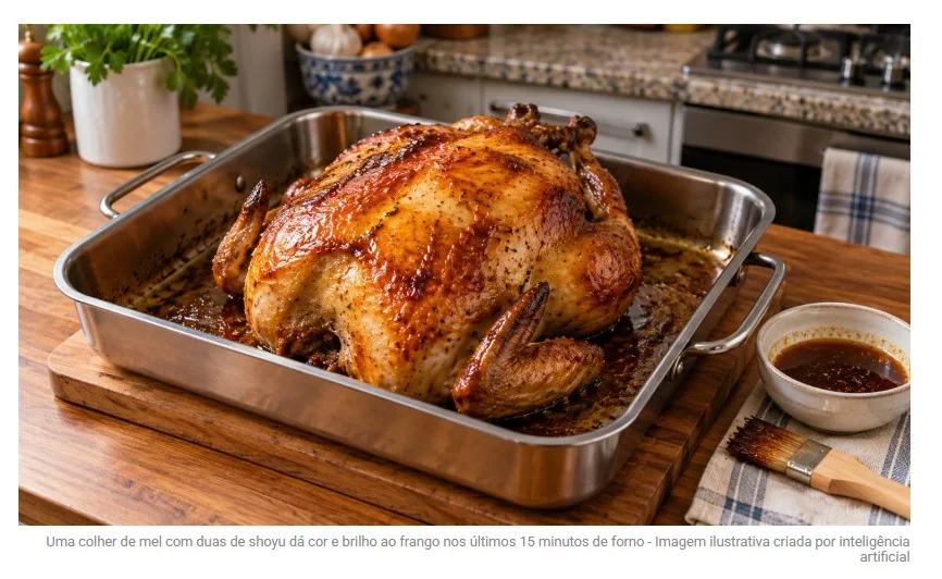 Os cozinheiros concordam: “Para o frango assado ficar dourado e brilhante, não adicione mais óleo, mas sim pincele 1 colher de mel com 2 de shoyu nos últimos 15 minutos de forno”